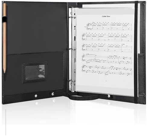 MUDOR Premium Choral Muisc Folder, PU Choir Folder with Hand Strap and Internal Retention Strap,3 Ring Black Choir Binder for Musician, Choir Singer, Stage Performance