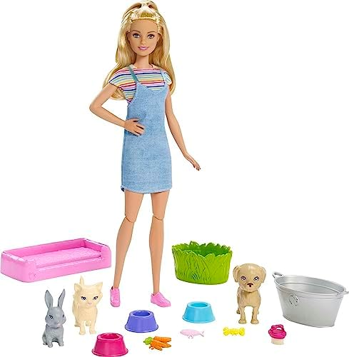 Barbie Play 'n Wash Pets Playset with 3 Color-Change Animals & 10 Toy Accessories, Blonde Fashion Doll with Blue Eyes