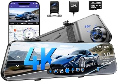 AZDOME PG17 4K 12" Mirror Dash Cam Front and Rear, WiFi Rear View Mirror Camera with 64GB Card, Waterproof 1080P Rear Camera, GPS, Voice Control, WDR Night Vision, Driving Assistant