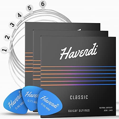 HAVENDI® Guitar Strings for classical guitar - brilliant sound quality strings made of nylon for classical guitar coated with silver (6 string set) incl. 3 picks