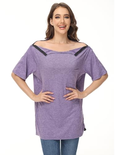 HIBOCT Post Shoulder Surgery Shirts for Women After Rotator Cuff Clothes Post op Mastectomy Surgery Shirt for Elderly Gifts Violet