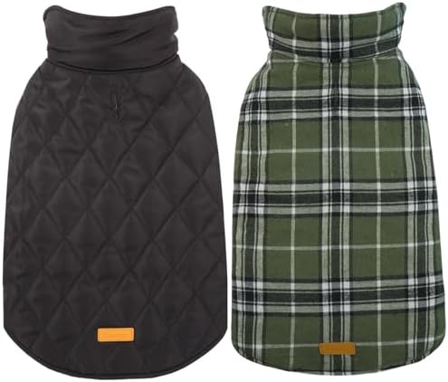 Kuoser Warm Dog Coat, Reversible Dog Jacket Waterproof Dog Winter Coat British Style Plaid Dog Clothes Pet Dog Cold Weather Coats Cozy Snow Jacket Vest for Small Medium Large Dogs Olive Green 3XL