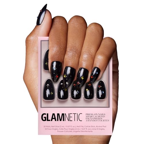 Glamnetic Press On Nails - Winter Comet | Short Almond Black Nails with Gems, Glossy, Reusable Stick On Fake Nails with Glue | Salon Quality | 15 Sizes - 30 Nail Kit