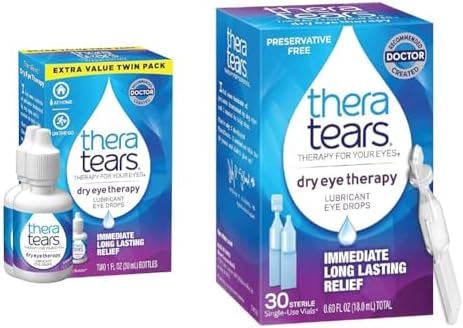 TheraTears Dry Eye Therapy Lubricant Eye Drops Twin Pack, (2 x 30mL Bottles) + Preservative Free, 30 Single-Use Vials