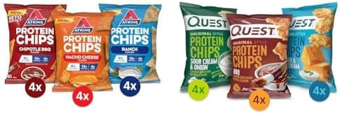 Atkins Protein Chips Variety Pack, 4g Net Carbs, 13g Protein, Gluten Free, Low Glycemic, 12 Count & Quest Nutrition Protein Chips Variety Pack, (BBQ, Cheddar & Sour Cream, Sour Cream & Onion)