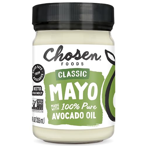 Chosen Foods 100% Avocado Oil-Based Classic Mayonnaise, Gluten & Dairy Free, Low-Carb, Keto & Paleo Diet Friendly, Mayo for Sandwiches, Dressings and Sauces, Made with Cage Free Eggs (12 fl oz)