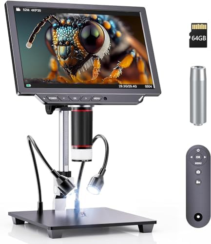 4K Digital Microscope - 2000X Magnification, 10" Coin Microscope with 52MP Camera Sensor, Perfect for Soldering, Electronics Repair,and Full Coin Observation, 64GB Included