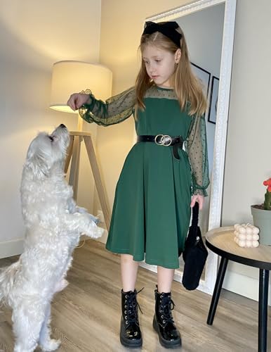 Arshiner Girl's Sheer Mesh Lantern Long Sleeve Green Christmas High Waist Elegant Party Short Dress 11-12 Years