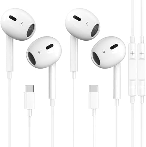 2 Pack-USB C Headphones for iPhone 15 Pro Earbuds Type C Wired Earphones with Mic & Remote Control Noise Cancelling for iPhone 15 Pro/PM, iPad Pro, Galaxy S23/S22/S21/Ultra Note 10/20, Pixel 7/6/6