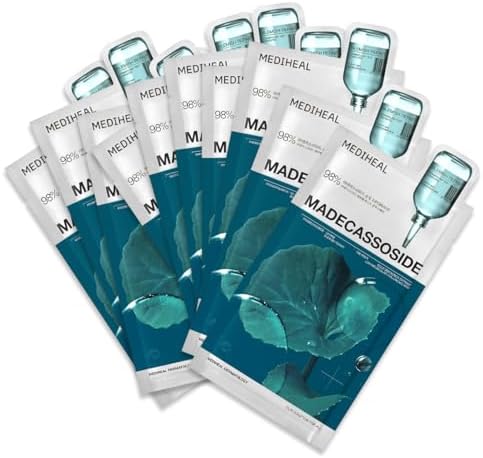 Mediheal Madecassoside Essential Sheet Mask Blemish Repair 10 pcs. 98% Purity Madecassoside & Hyaluronic Acid Included. Enhancing Moisture Barrier & Skin Texture Care. Vegan Formula Sheet Mask