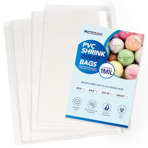 Metronic Shrink Wrap Bags 10x14 Inches 100Pcs, Clear PVC Heat Shrink Wrap Bags for Packagaing Soap, Book, Bath Bombs, DVD/CD, Candles, Jars and Homemade DIY Projects