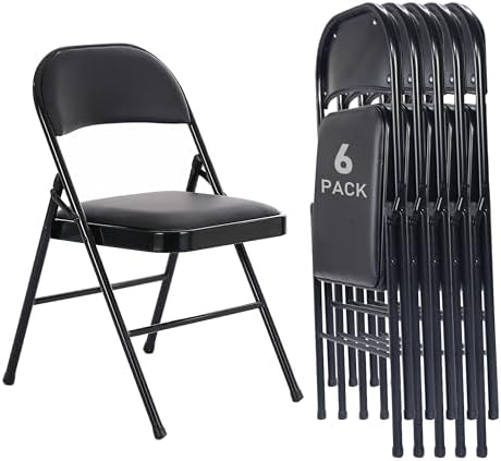 6 Pack Black Folding Chairs with Padded Cushion and Back for Outside Portable Stackable Commercial Foldable Chairs with Steel Frame for Events Office Wedding Party, 330lbs Capacity