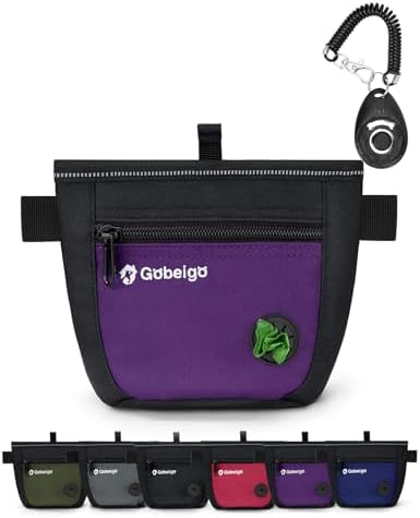 Gobeigo Dog Treat Pouch and Training Clicker, Upgrade Two Magnetic Closure to Prevent Spills, 2 Cup Treat Bag with Poop Bag Dispenser, Metal Clip Waist Belt Fanny Pack for Pet Walk (Black/Purple)