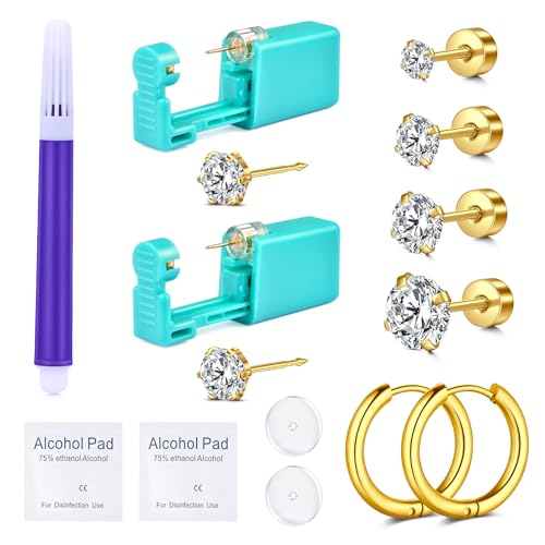 QWALIT Ear Piercing Kit Ear Piercing Gun Kit Gold Self Piercing Earrings Piercing Kit Earring Gun Piercing Kit With Earring Studs Self Ear Piercing Gun at Home Ear Piercing Kit Disposable