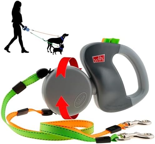 WIGZI (2) Two Dog Reflective Retractable Pet Leash – 360 Degree Zero Tangle Patent - Two Dogs Each up to 50 lbs and 10ft. Reflective Orange and Green Leads. Dual Locking
