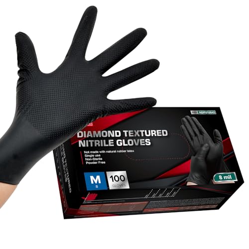 Jointown Basic Heavy Duty Nitrile Gloves, 8 Mil Black Mechanic Disposable Gloves Medium with Raised Diamond Texture, Latex Free, Powder Free Industrial Automotive Work Gloves Box of 100