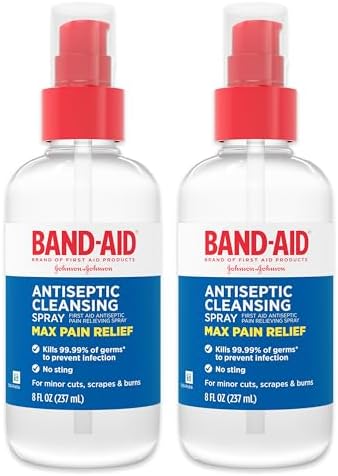Band-Aid Brand Antiseptic Cleansing Spray, First Aid Antiseptic Spray Relieves Pain & Kill Germs, with Benzalkonium Cl Wound Antiseptic & Pramoxine HCl Topical Analgesic, 2 x 8 fl. oz