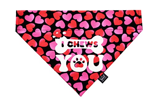 Valentine's Day over the collar dog bandana, handmade slip on pet bandana, festive dog & cat accessory (I Chews You, Small)
