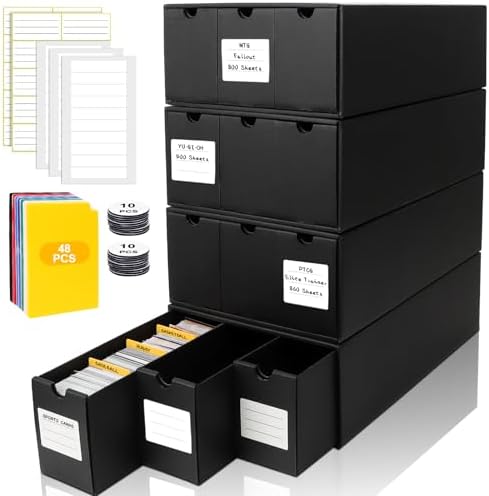 Trading Card Storage Box, Includes 12-600 CT Boxes & 48 Card Dividers, 12000+ Trading Card Organizer for Collectible Card Games, for TCG, YuGiOh, MTG, PTCG, Baseball Cards, with Labels & Tapes