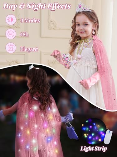 Popsunny Light Up Princess Dress Up Cape Costume for Girls 3 4 5 6 Years Old, Kids Birthday Christmas Halloween Party Gift Pink