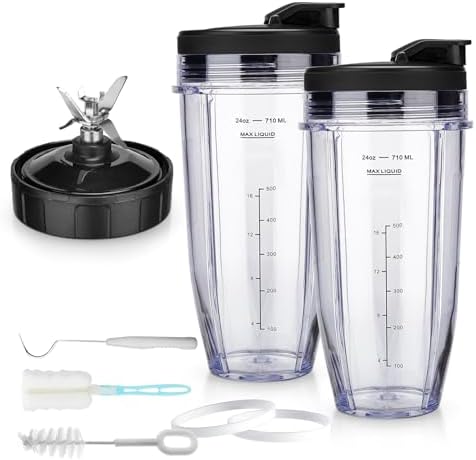 Blender Replacement Parts for Ninja, 2 24oz Cups with To-Go Lids, 7 Fins Extractor Blade, for Nutri Ninja Auto iQ BN801 BL480-30 BL640-30 BL642-30 NN100-30 BL2012 (2 Pack)