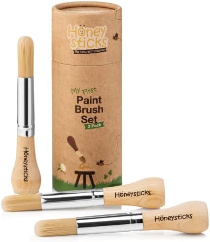 Honeysticks My First Paint Brush Set - 3 Pack: Ideal for Babies and Toddlers. Jumbo Brushes with Chubby Wood Handles for Easy Grip, Vegan. Includes Handy Storage Container