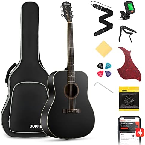 Donner 41'' Full Size Acoustic Guitar - Complete Beginner Kit for Adults, Teens with Free Online Lesson, Dreadnought Acustica Guitarra Bundle Set with Gig Bag, Strap, Tuner, Pickguard, Black DAG-1B