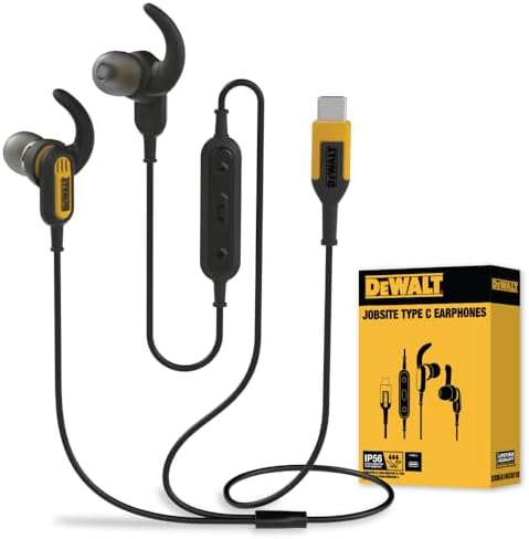 DEWALT Jobsite USB C Headphones for iPad/iPhone 15/16 Pro Max, Corded Type C Earphones, USB C Ear Buds Wired w/Microphone, Volume Control Module, Compatible w/MacBook, Samsung S23 Ultra, LG, OnePlus