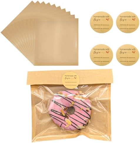 200 Pcs Bakery Bags with Window，Heat Sealable Cookie Bags，7.5 x 7.1 Inches Sandwich Bags with Stickers, Pastry Bags,Donut Bags Used for Bread, Snacks,Baked Goods Packaging