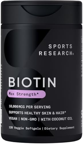 Sports Research Vegan Biotin 10,000mcg with Coconut Oil - Max Strength Biotin Vitamin B7 for Skin and Keratin Support - Non-GMO & Gluten Free, 120 Softgels (4 Month Supply)