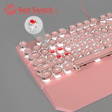 Typewriter Mechanical Gaming Keyboard and Mouse Combo, Retro Punk Round Keycaps White LED Backlit USB Wired Computer Keyboard for Game and Office, for Windows Laptop PC, Red Switches(Pink)