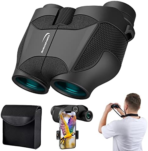 Aurosports 15x25 Compact HD Binoculars for Adults and Kids with Upgraded Phone Adapter, Super Bright High Power Binoculars with Clear Low Light Vision, Lightweight Binoculars for Bird Watching