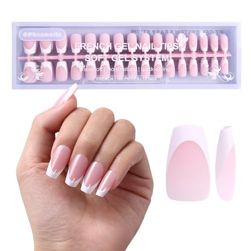 French Gel Nail Tips,256 pcs French Tip Press on Nails Medium Coffin Pink, No Need to File Tips Pre-lasting,Full Cover Fake Nails Extension for Women Nail Art DIY 16 Sizes