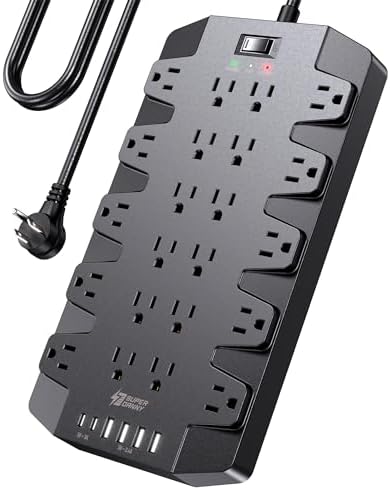 Power Strip, SUPERDANNY 2100J Surge Protector with 22 Outlets, 2 USB-C and 4 USB-A, 6.5Ft Flat Plug Heavy Duty Extension Cord (1875W/15A), Wall Mountable for Home, Office, Dorm, Gaming Room, Black