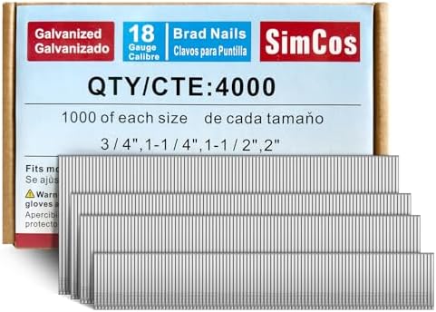 SimCos 18 Gauge Brad Nails 4 Sizes (2",1-1/2",1-1/4",3/4") Galvanized 18 GA Nail Gun Nails Assorted and Small Finishing Nails for Pneumatic, Electric Brad Nailer (Assembly 4000)