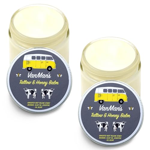 Vanman's Tallow and Honey Balm With No Added Scent (2 Pack) - Beef Tallow Face Moisturizer with Grass-Fed/Finished Beef Tallow for Skin, Organic Raw Honey and Beeswax, Cold Pressed Olive Oil - 2 oz