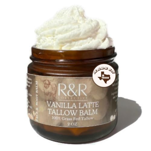 R&R Collective Whipped Tallow Balm (Vanilla Latte) - 100% Grass Fed Beef Tallow for Skin Care- 100% Natural Handmade Whipped Coffee & Vanilla Tallow Balm for Sensitive Skin- 2 FL. oz.