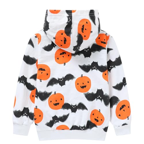 HILEELANG Kids Boy Halloween Pumpkin Sweatshirts Cotton White Bat Kangaroo Pocket Pullover Hoodies 7 Years