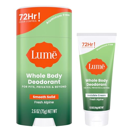 Lume Whole Body Deodorant - Invisible Cream Tube Mini and Solid Stick - 72 Hour Odor Control - Aluminum Free, Baking Soda Free, Skin Safe - 0.5 Oz Mini Tube + 2.6 Oz Solid Stick (Fresh Alpine)