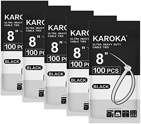 Zip Ties Heavy Duty 8 inch with 120 Pounds Tensile Strength, Black Heavy Duty Cable Ties, 500 Pack, by Karoka