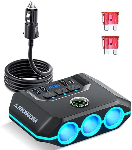 Cigarette Lighter Splitter, 120W Car Charger Adapter with USB & PD, 7 in 1 Multi Port Power Plug with Independent Switches & LED Voltage Display for 12V- 24V Vehicles (3.3FT Cable)
