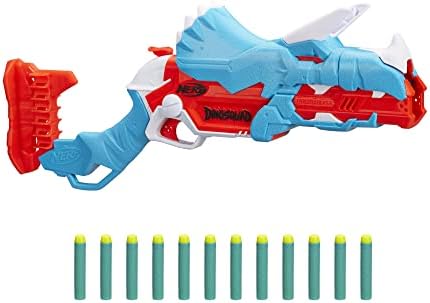 NERF DinoSquad Tricera-Blast Dart Blaster, Break-Open 3-Dart Loading, 12 Official Darts, Dart Storage, Triceratops Dinosaur Design