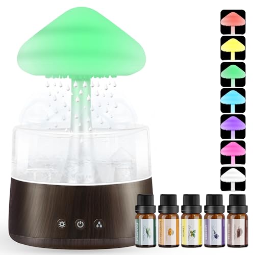 Rain Cloud Humidifier Water Drip with 5 Essential Oils, Cloud Diffuser with 7 Changing Colors Night Lights, Mushroom Humidifier Desk Bedside Water Drop Sound, Black