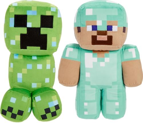 Mattel Minecraft Plush Figure 2-Pack, Steve in Diamond Armor & Charged Creeper Set, Soft Character Dolls in 8-inch Scale