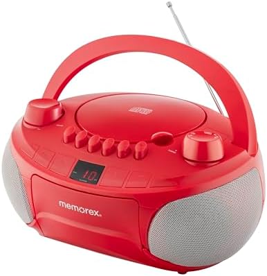 Memorex MX-BCCD50(R) AM/FM Top Loading CD and Cassette Player | Portable Stereo with Programmable Memory | Auto-Stop Cassette Deck | Auxiliary Input | Red LED Display (Red)