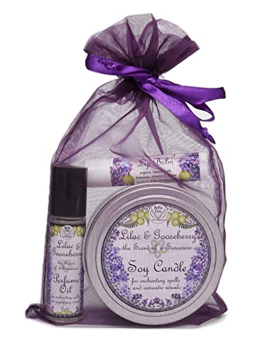 Lilac & Gooseberry Gift Set | Perfume with Soy Candle Tin and Lip Balm | Full Size Products | Yennefer Scent of a Sorceress by Bella Des Natural Beauty