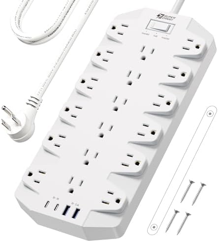 Power Strip Surge Protector, SUPERDANNY 18 Outlets with 2 USB C + 2 USB A Ports, 1875W/15A, 2100J, 6.5FT Flat Plug Heavy Duty Extension Cord with Multiple Outlets for Home, Office, Dorm, White