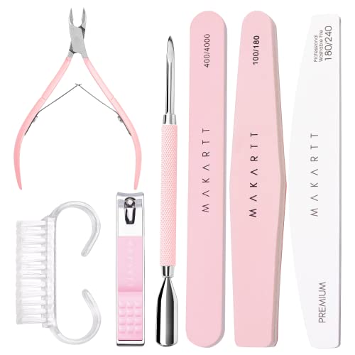 Makartt Nail File and Buffer Set, Pink Basic Prep Kit with Cuticle Clipper, Trimmer, Pusher, Brush, Manicure Care Kit for Natural and Acrylic Nails (7pcs)