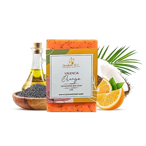 Valencia Orange Exfoliating Soap, Bar Soap with Poppy Seeds & Shea Butter, Natural Base Oils Body Soap, Body Soap Bars with 6 Natural Base Oils, 5 oz, Sunshine & K Handmade Soaps