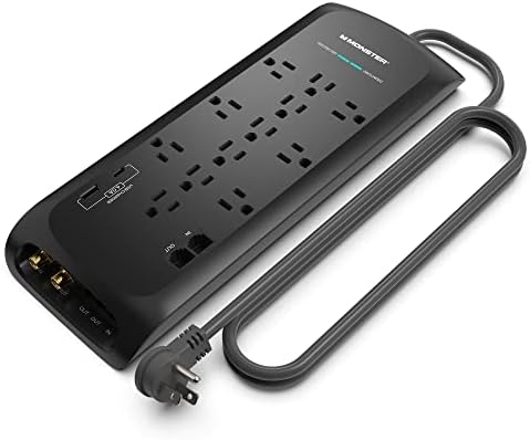 Monster Black Heavy Duty Surge Protector Power Strip 6 ft Cord with 12 120V-Outlet Extension, 2 Ethernet Switch Ports, 4050J Rating, 1 USB-A, and 1 USB-C Charging Ports – Ideal for Computers & Offices